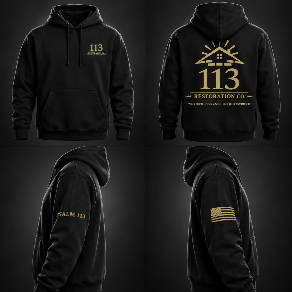 Black 113 Restoration Co hoodie with chest, back and sleeve designs