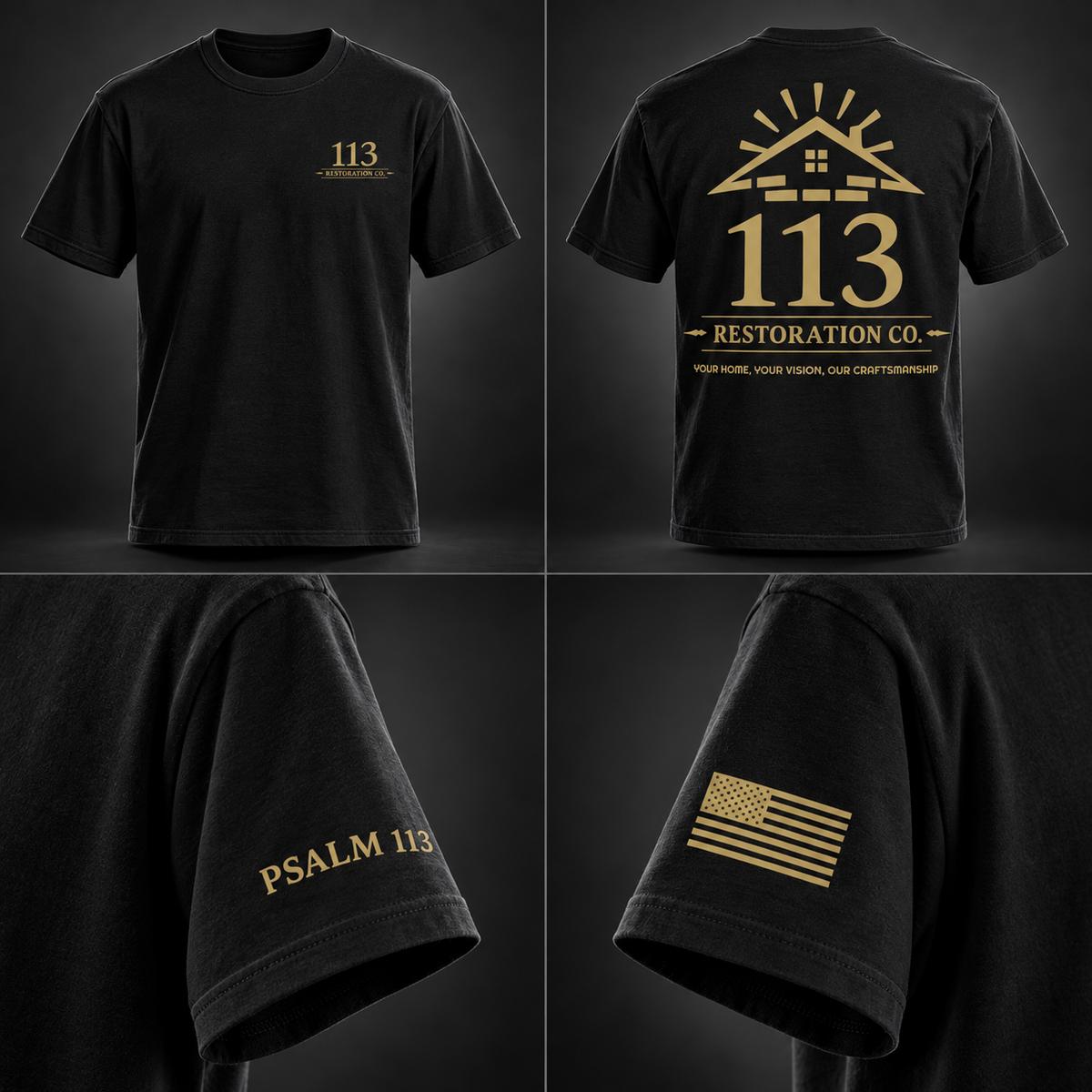 Black 113 Restoration Co T-shirt with chest, back and sleeve designs