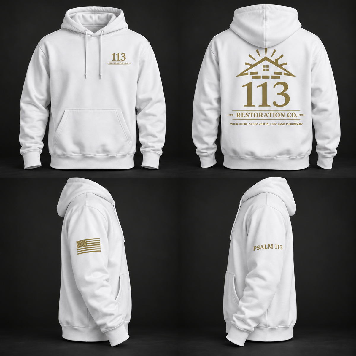 White 113 Restoration Co hoodie with chest, back and corrected sleeve designs
