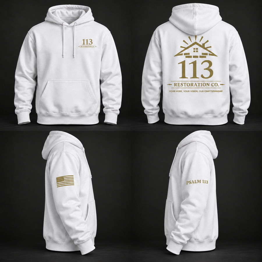 White 113 Restoration Co hoodie with chest, back and corrected sleeve designs