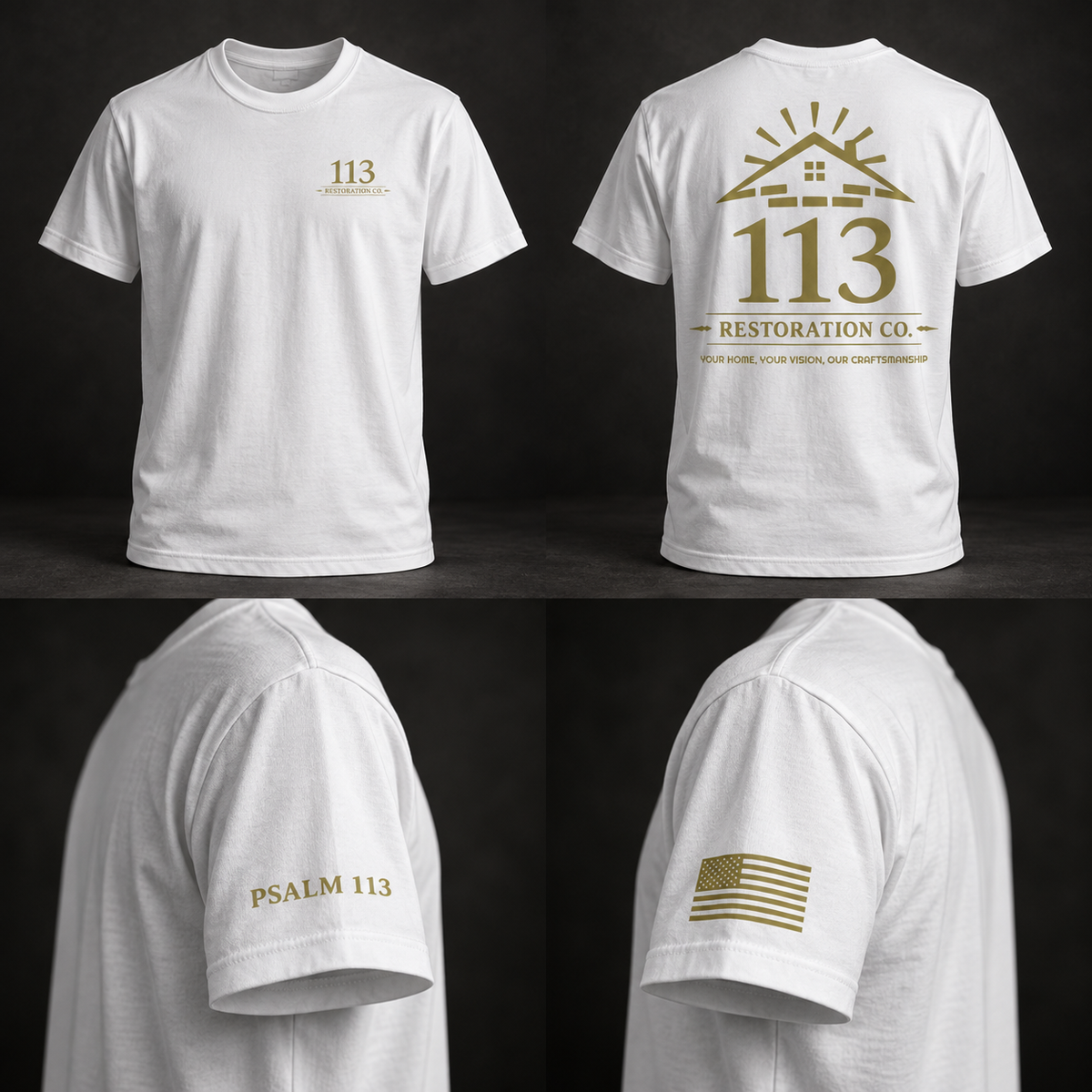 White 113 Restoration Co T-shirt with chest, back and sleeve designs
