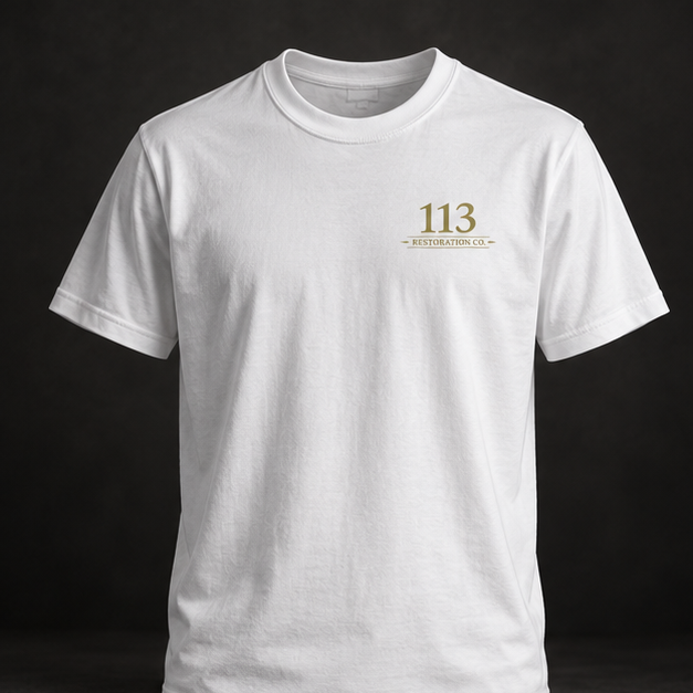White 113 Restoration Co. T-shirt — front view