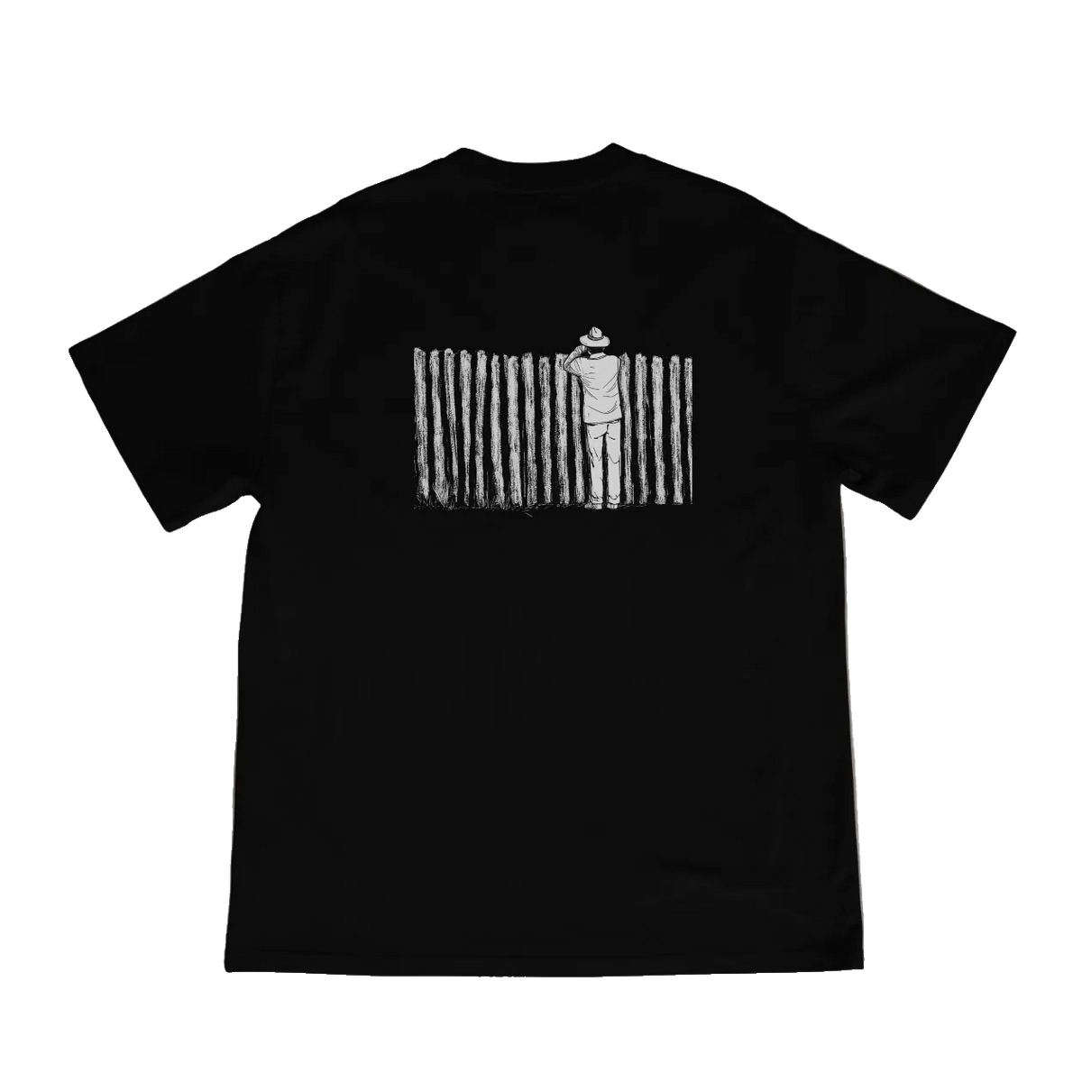 Back of black Nosey Neighbors Fence T-shirt with fence illustration
