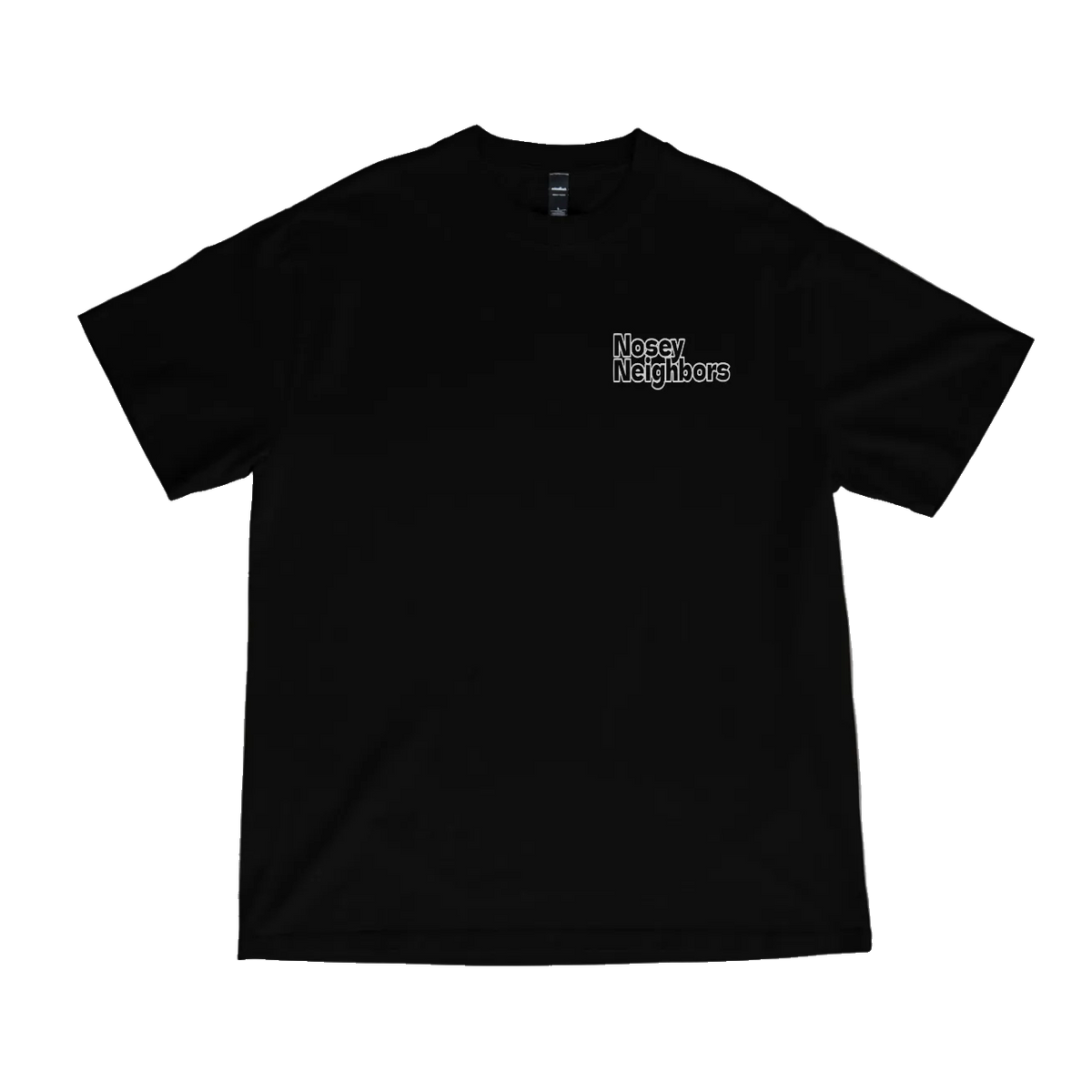 Front of black Nosey Neighbors Fence T-shirt with chest logo